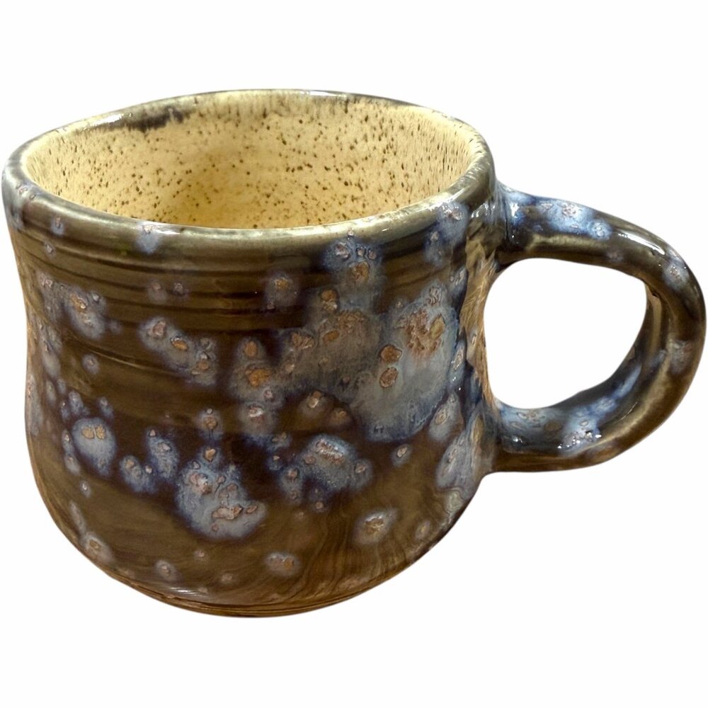Handmade Stoneware Coffee Mug Signed Melissa‎ Bee Drip Glaze Cream Blue Brown